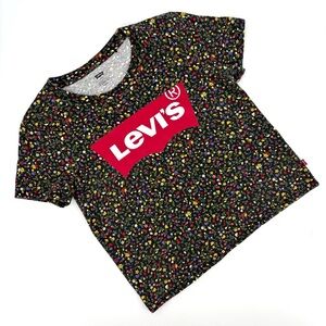 Levi's Black All Over Floral Graphic Varsity Short Sleeve Cropped Tee, Small